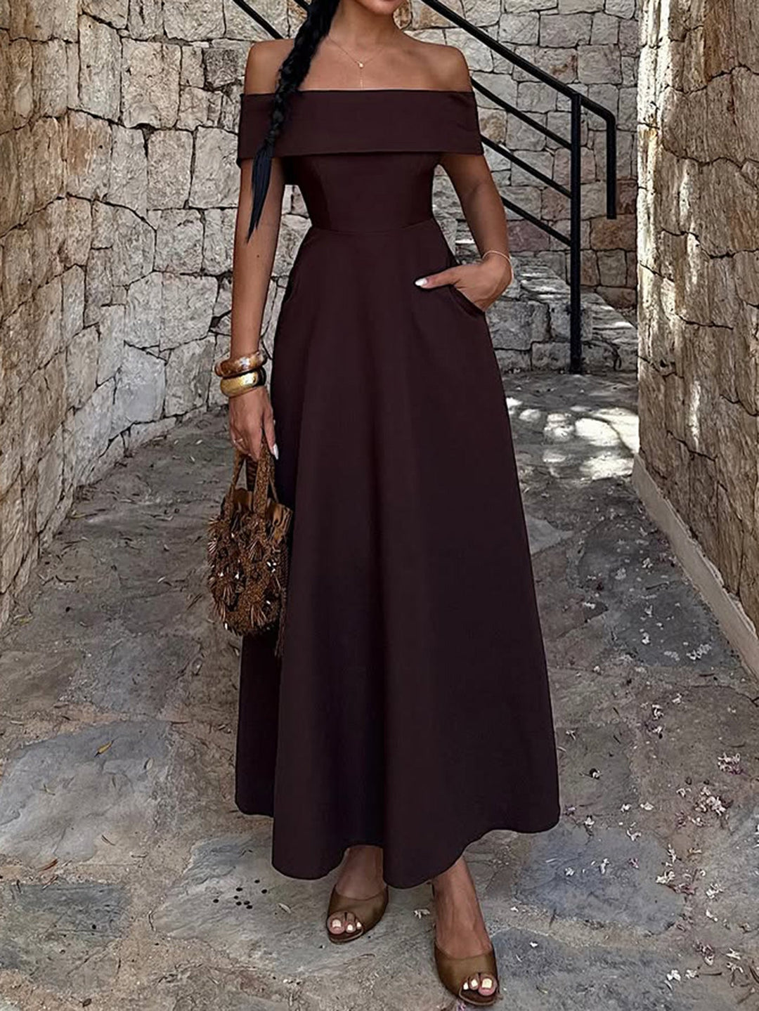 A-line midi dress with an off-the-shoulder design and pockets - HINES
