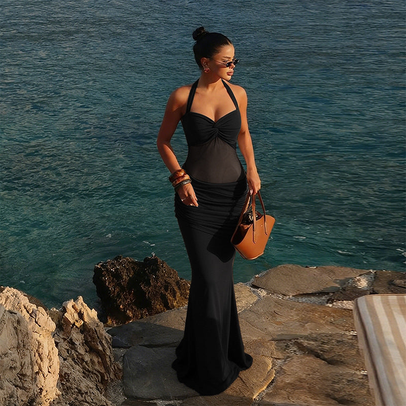 Tie-neck open-back maxi dress with a ruched and mesh design - LANI