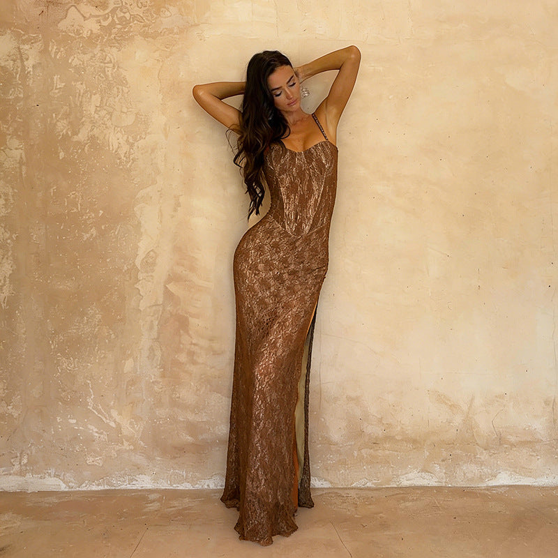 Lace maxi dress with a corset design - BROWNI