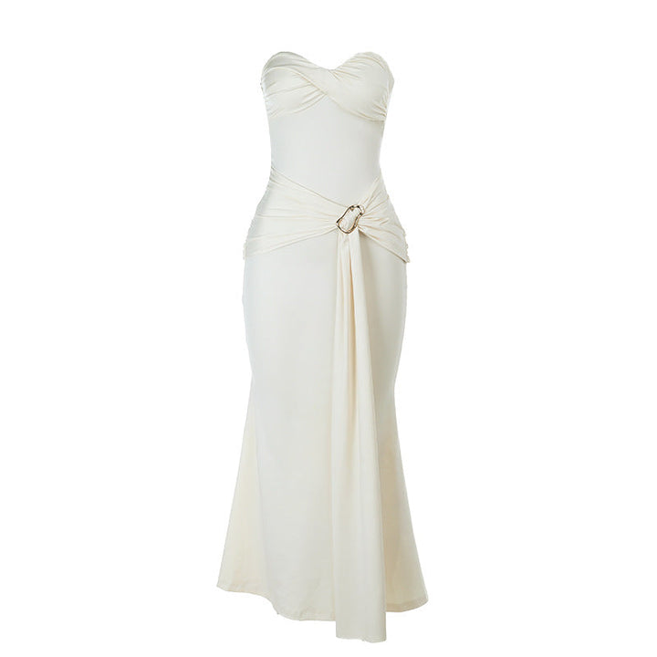 Elegant strapless maxi dress with a buckle design - PORIYA