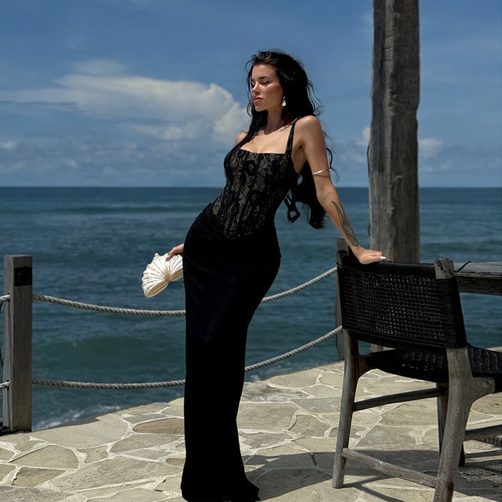 Elegant maxi dress with a lace corset design - LIDIA