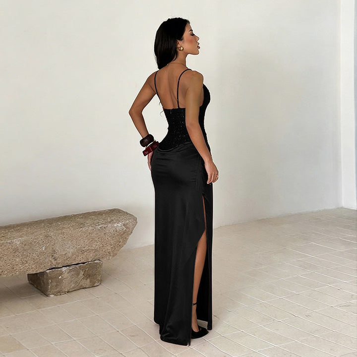 Satin maxi dress with a sequin corset and slit design - BIANKA