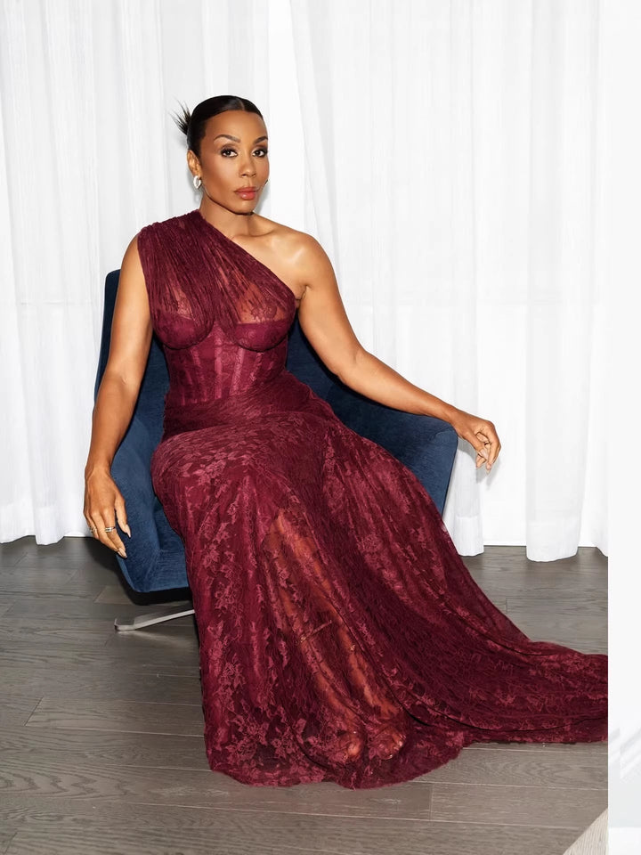 One-shoulder lace maxi dress with a corset and pleated design - ARGAMAN