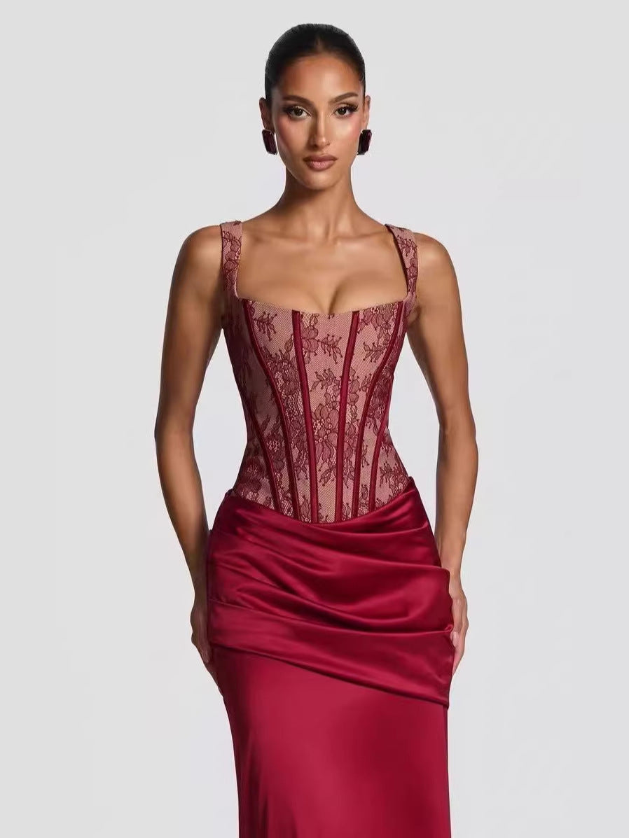 Two-piece set with a lace corset and satin maxi skirt - MONALIZ