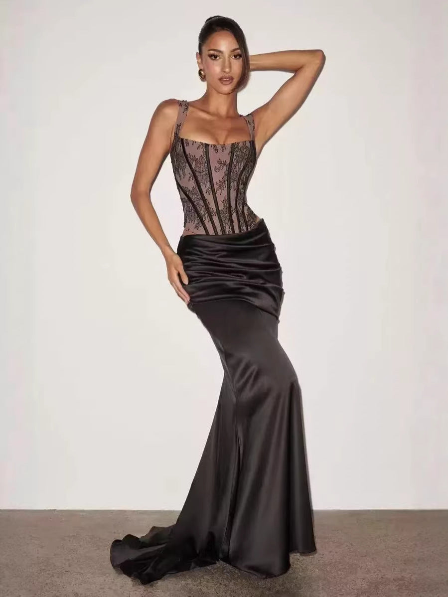 Two-piece set with a lace corset and satin maxi skirt - MONALIZ
