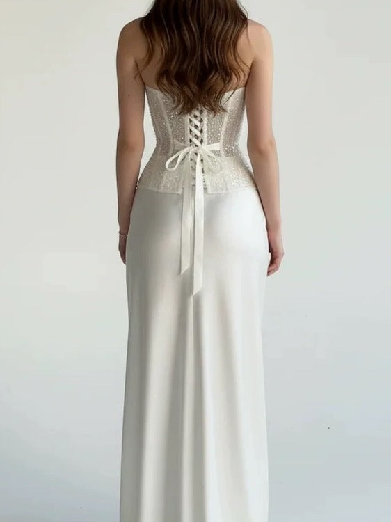 Two-piece set featuring a satin skirt and sequin corset top - Anora