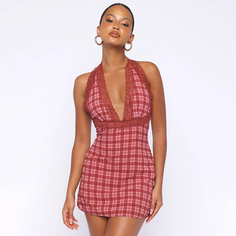 Plaid mini dress with lace trim - Heidi
