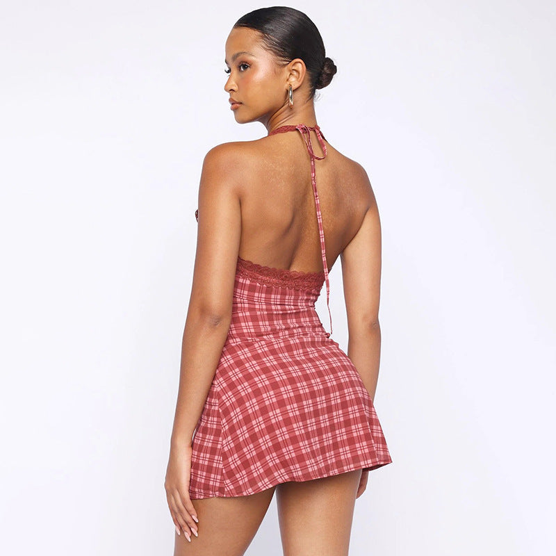 Plaid mini dress with lace trim - Heidi
