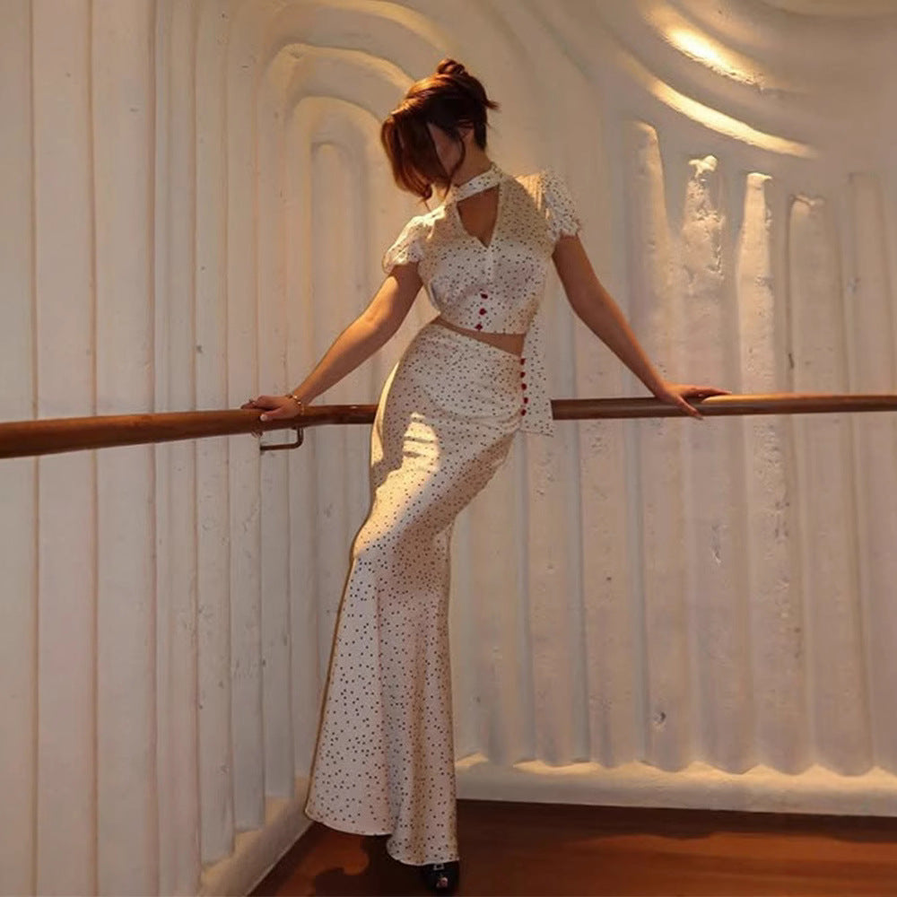 Pierre two-piece satin set with a polka-dot design