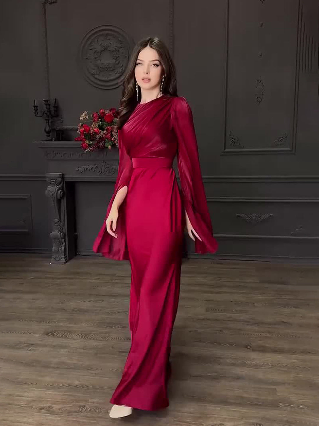 Nesia satin maxi dress with a shiny chiffon design