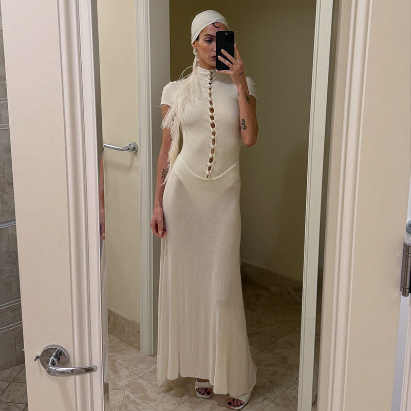 ROSE maxi dress with a bodysuit design and pearl buttons