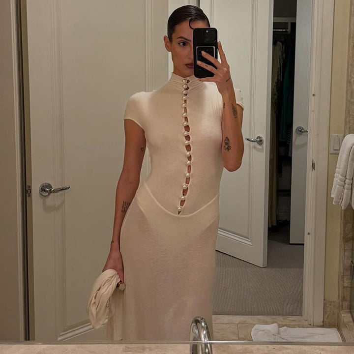 ROSE maxi dress with a bodysuit design and pearl buttons