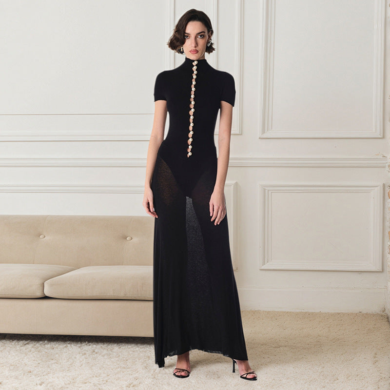 ROSE maxi dress with a bodysuit design and pearl buttons