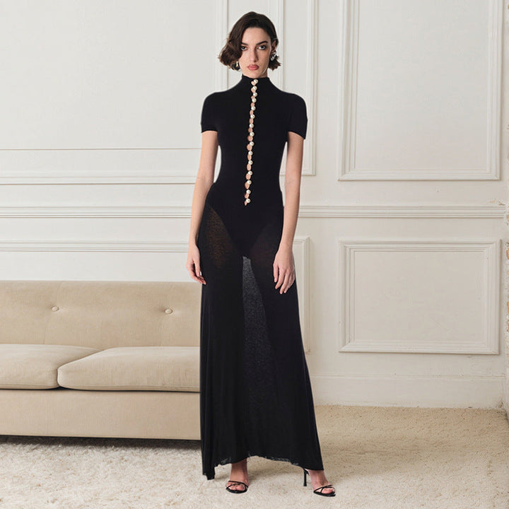 ROSE maxi dress with a bodysuit design and pearl buttons