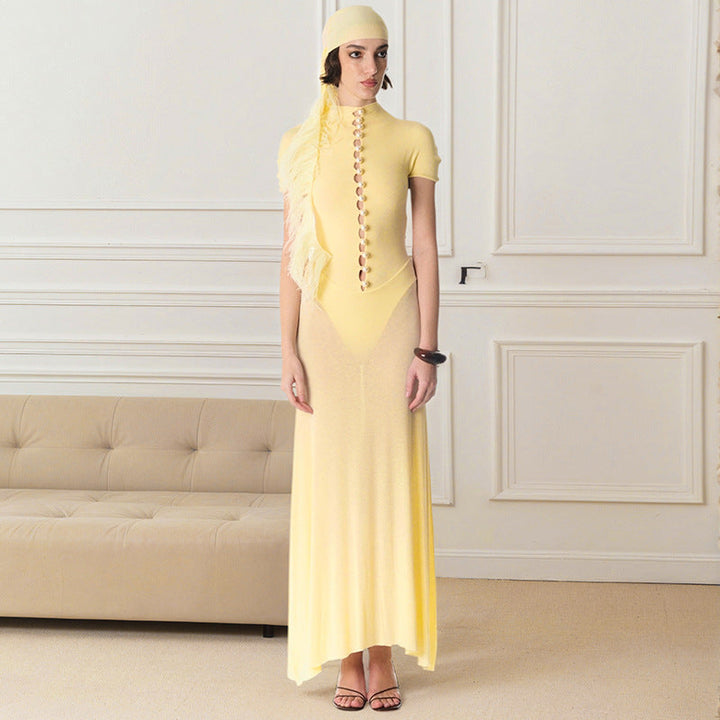 ROSE maxi dress with a bodysuit design and pearl buttons