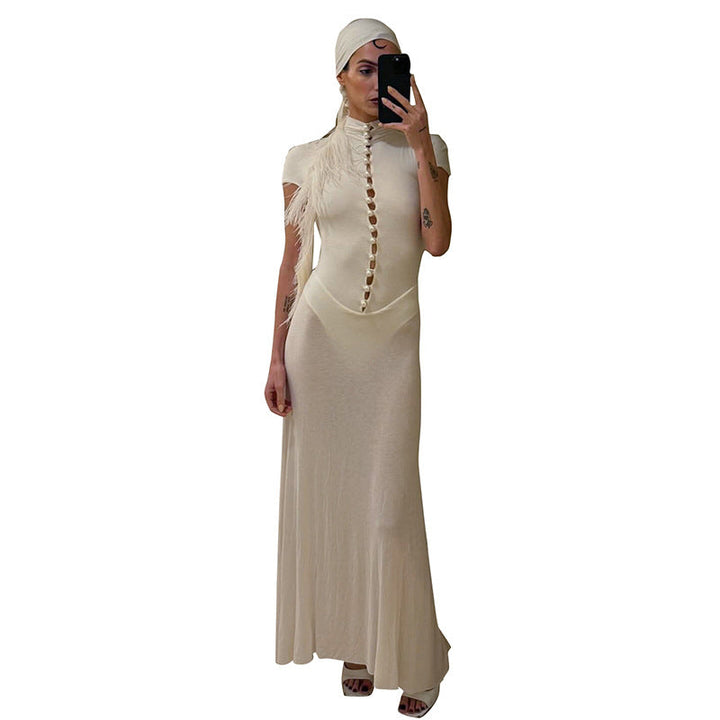 ROSE maxi dress with a bodysuit design and pearl buttons