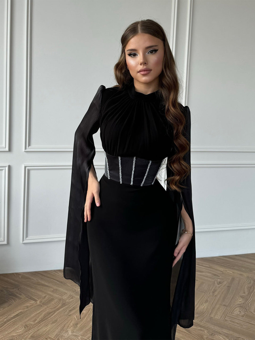 Atalia shiny chiffon dress with rhinestone detailing