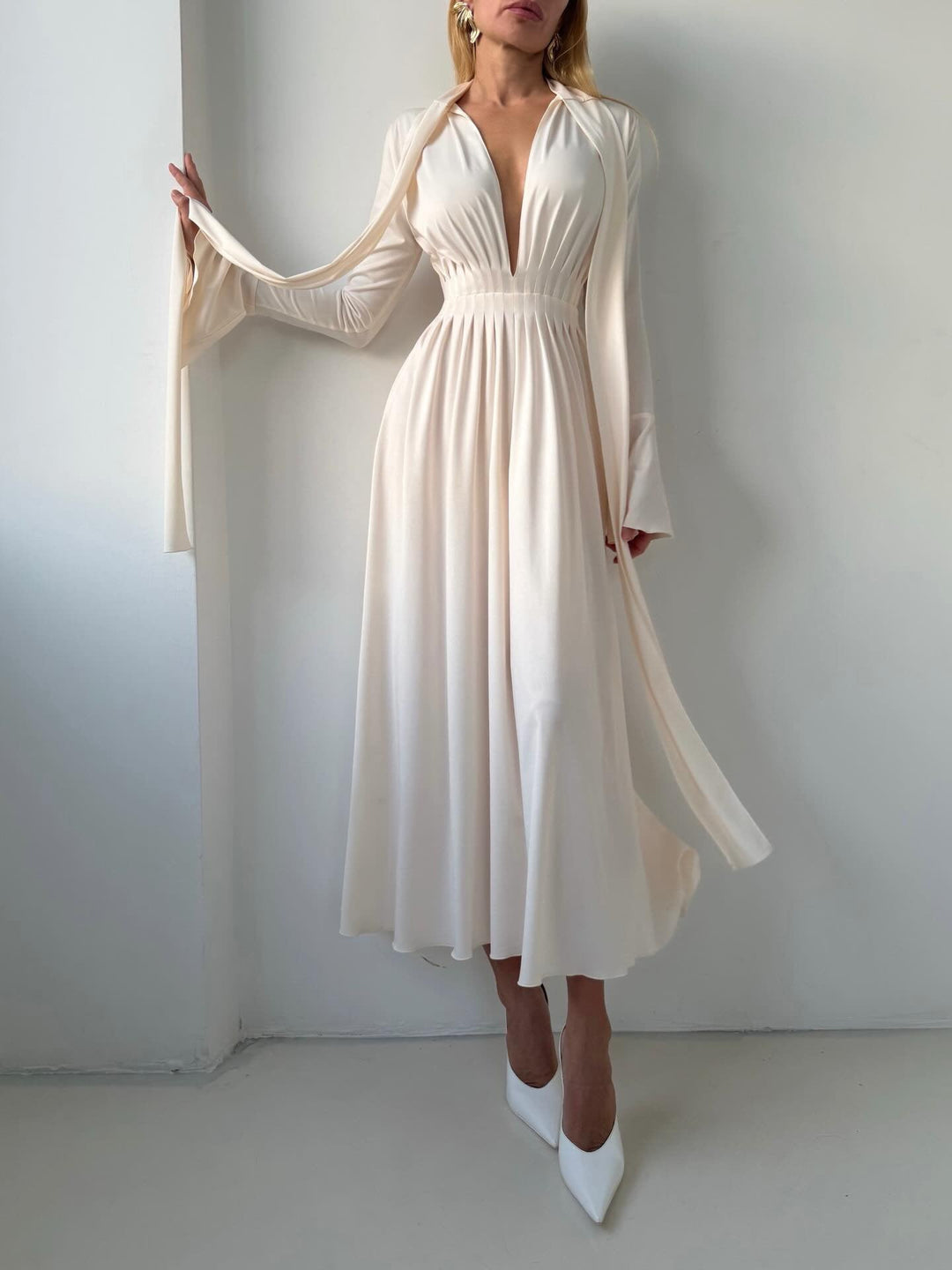 KIARA satin maxi dress with a corset and scarf design