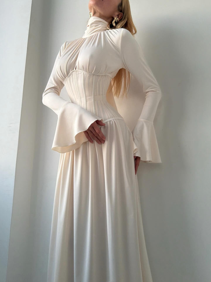KIARA satin maxi dress with a corset and scarf design