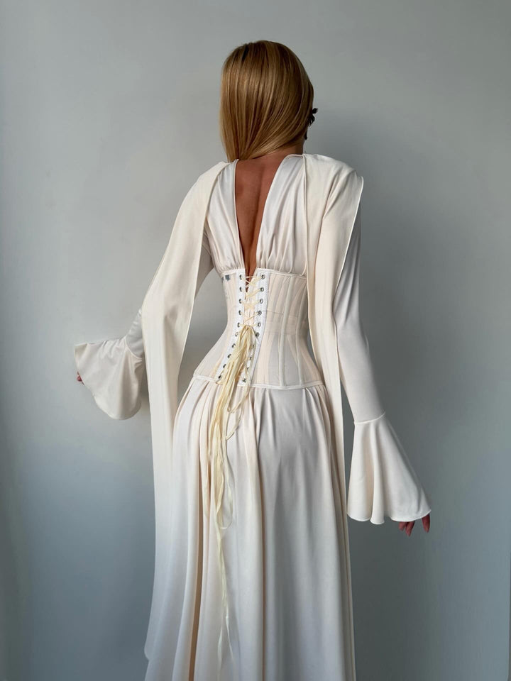 KIARA satin maxi dress with a corset and scarf design