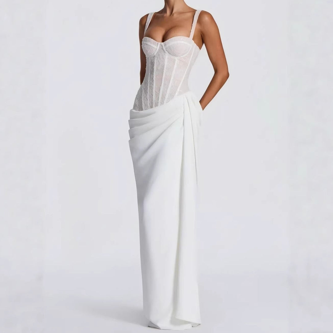 Gali satin maxi dress with a lace corset design