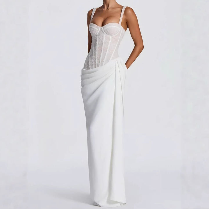 Gali satin maxi dress with a lace corset design