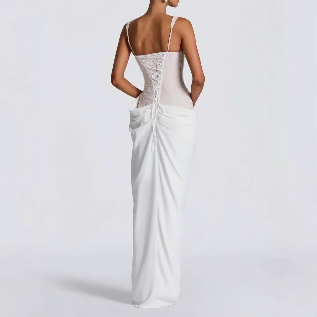 Gali satin maxi dress with a lace corset design