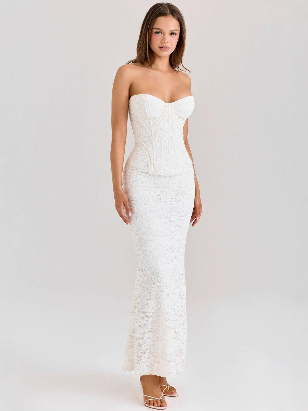 PANNY two-piece set with a strapless lace corset featuring a back tie for a fitted waist and a maxi skirt