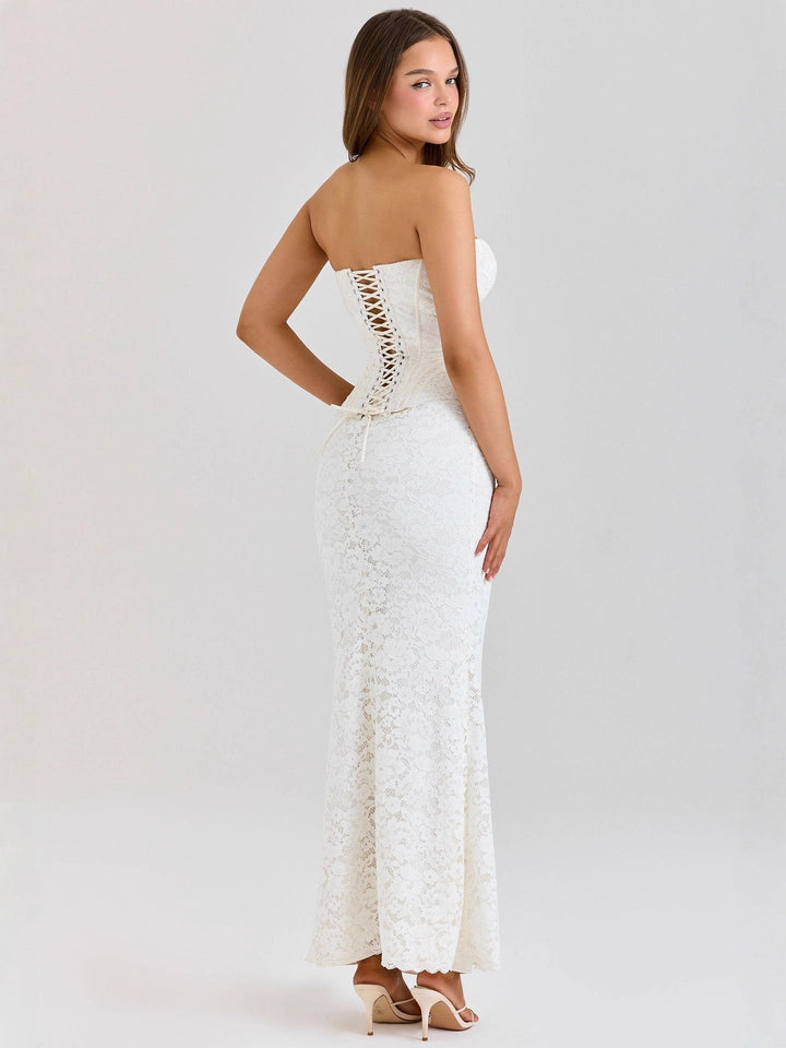 PANNY two-piece set with a strapless lace corset featuring a back tie for a fitted waist and a maxi skirt