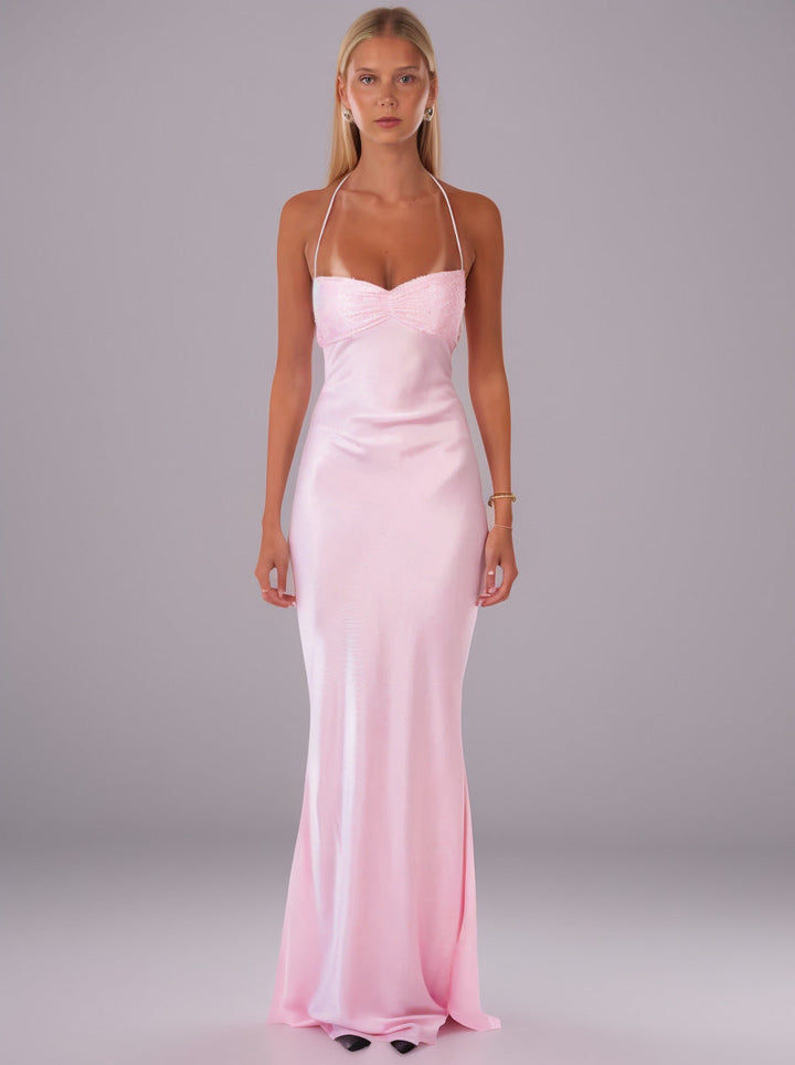 Lisia satin maxi dress with sequin detailing and an open back