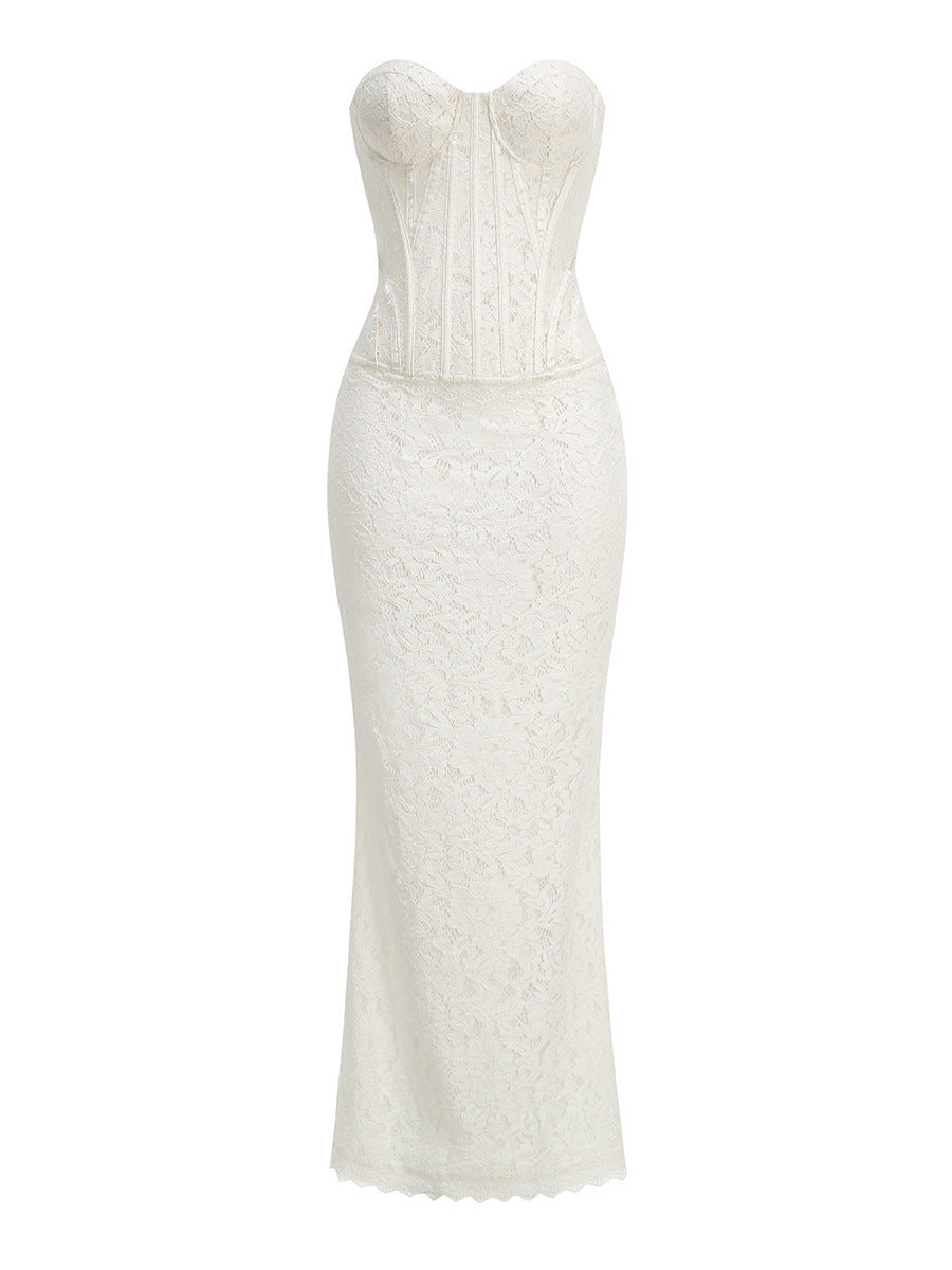 PANNY two-piece set with a strapless lace corset featuring a back tie for a fitted waist and a maxi skirt