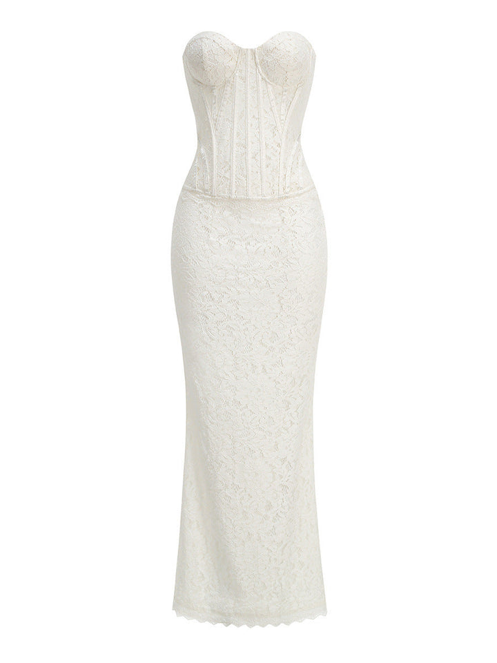 PANNY two-piece set with a strapless lace corset featuring a back tie for a fitted waist and a maxi skirt