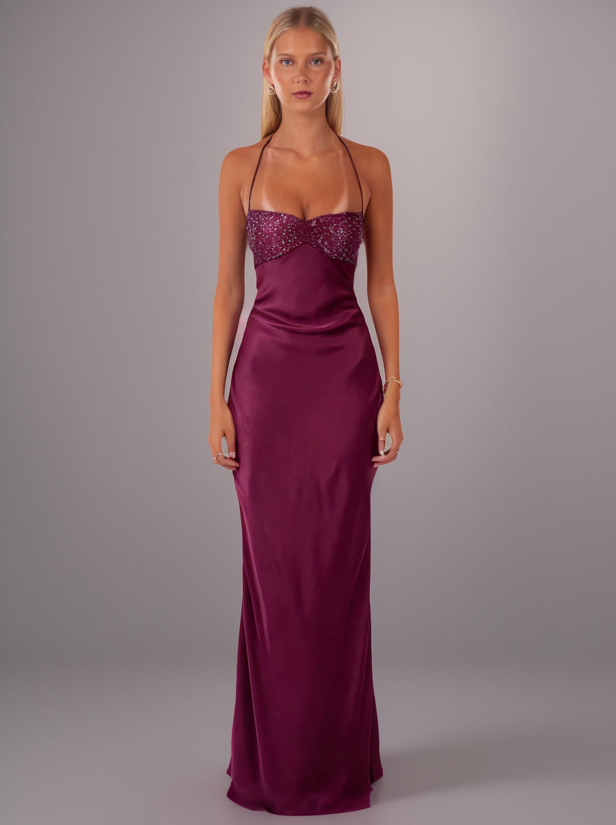 Lisia satin maxi dress with sequin detailing and an open back
