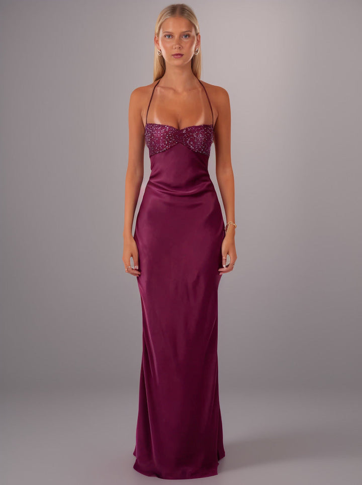 Lisia satin maxi dress with sequin detailing and an open back