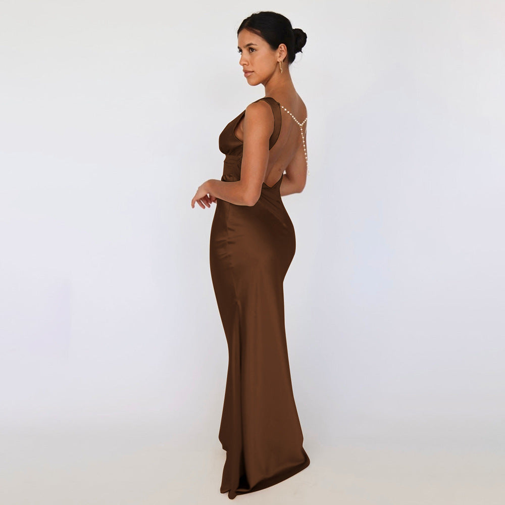Milia elegant satin maxi dress with a pearl chain at the back