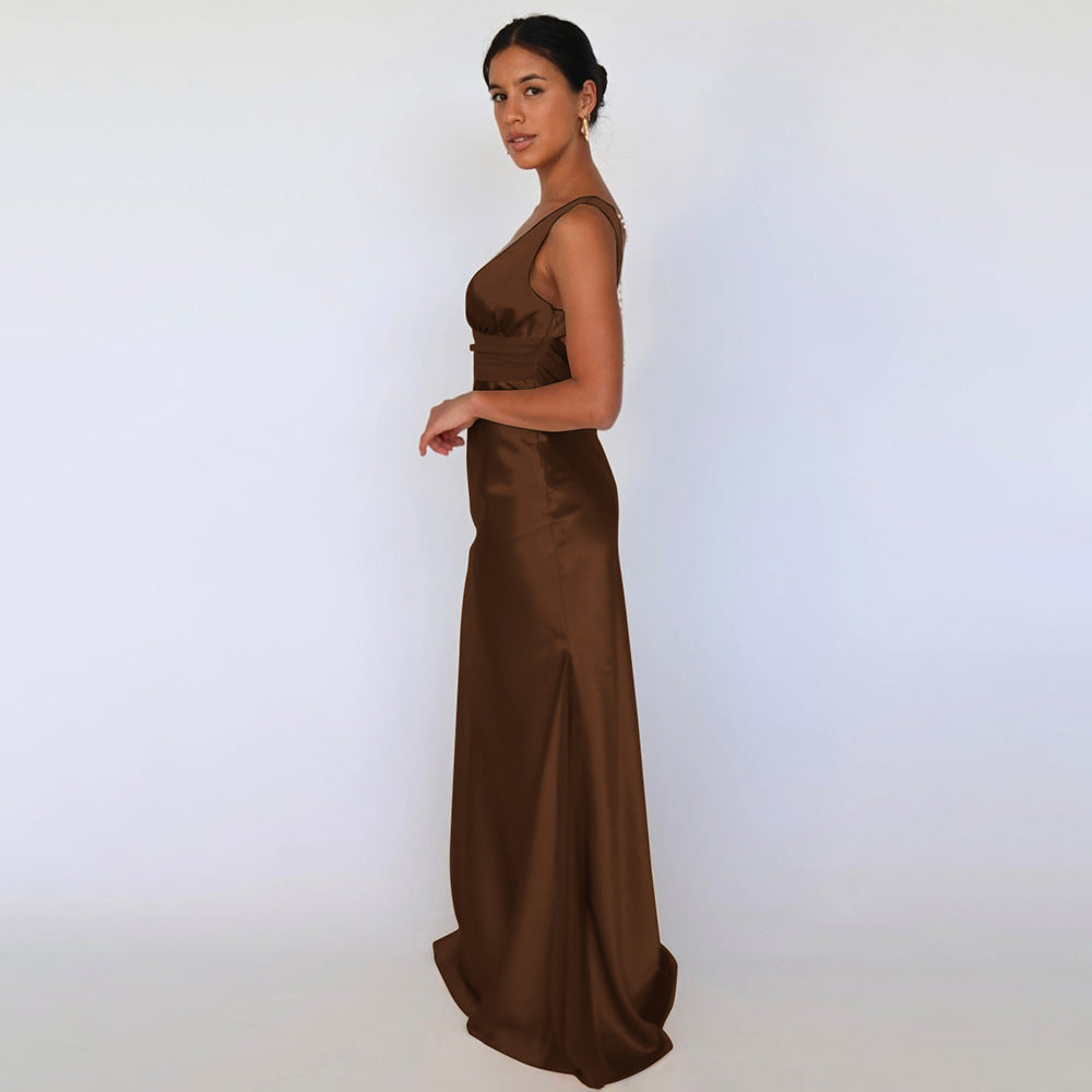 Milia elegant satin maxi dress with a pearl chain at the back