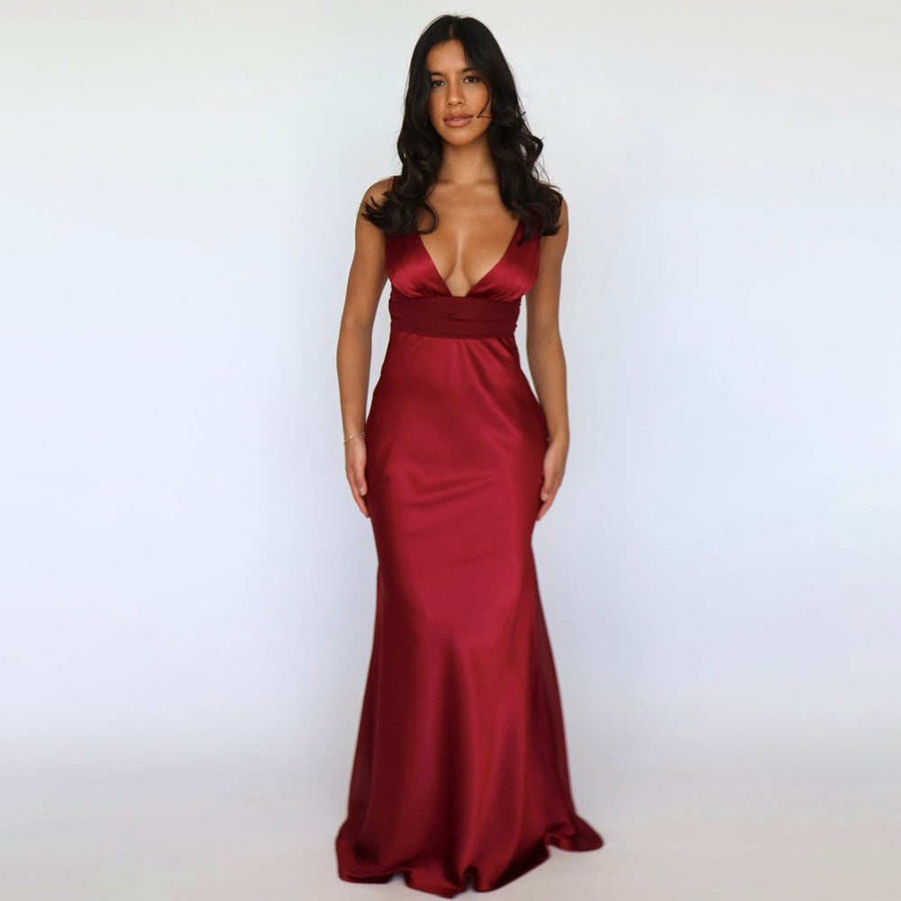 Milia elegant satin maxi dress with a pearl chain at the back