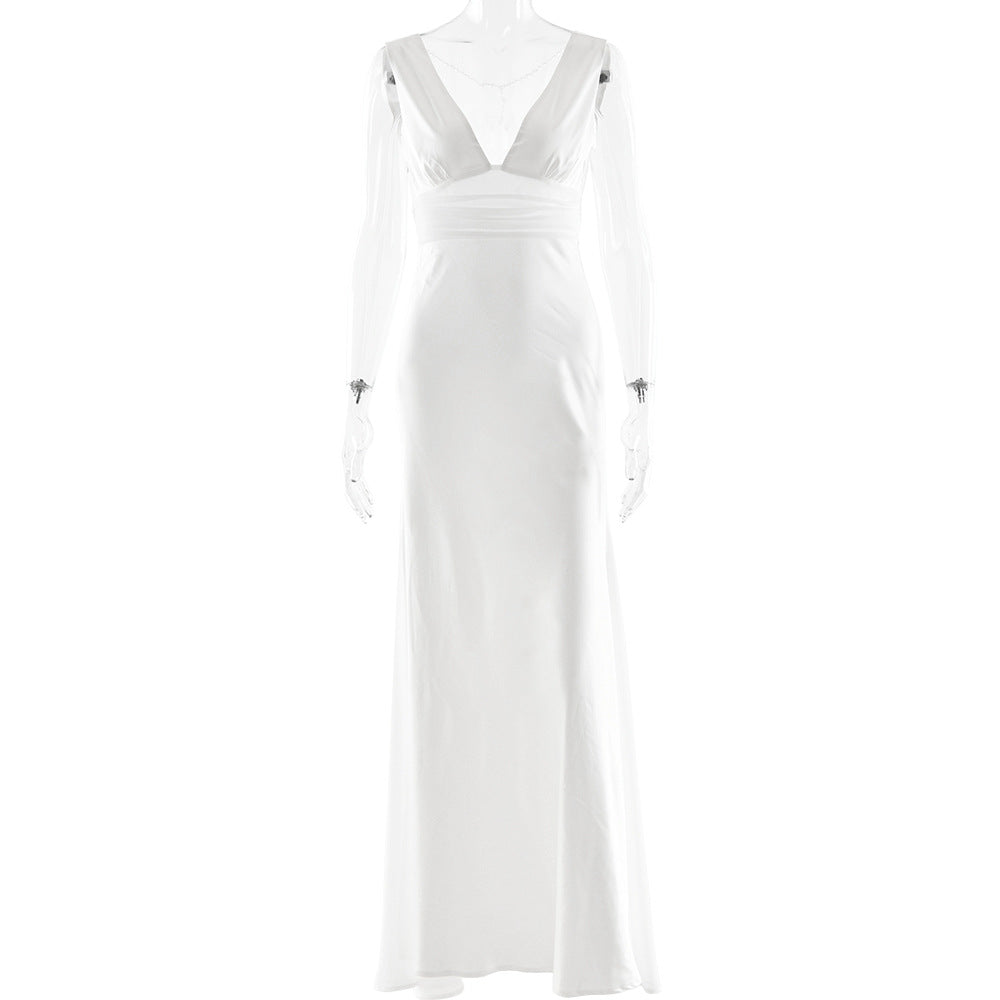 Milia elegant satin maxi dress with a pearl chain at the back
