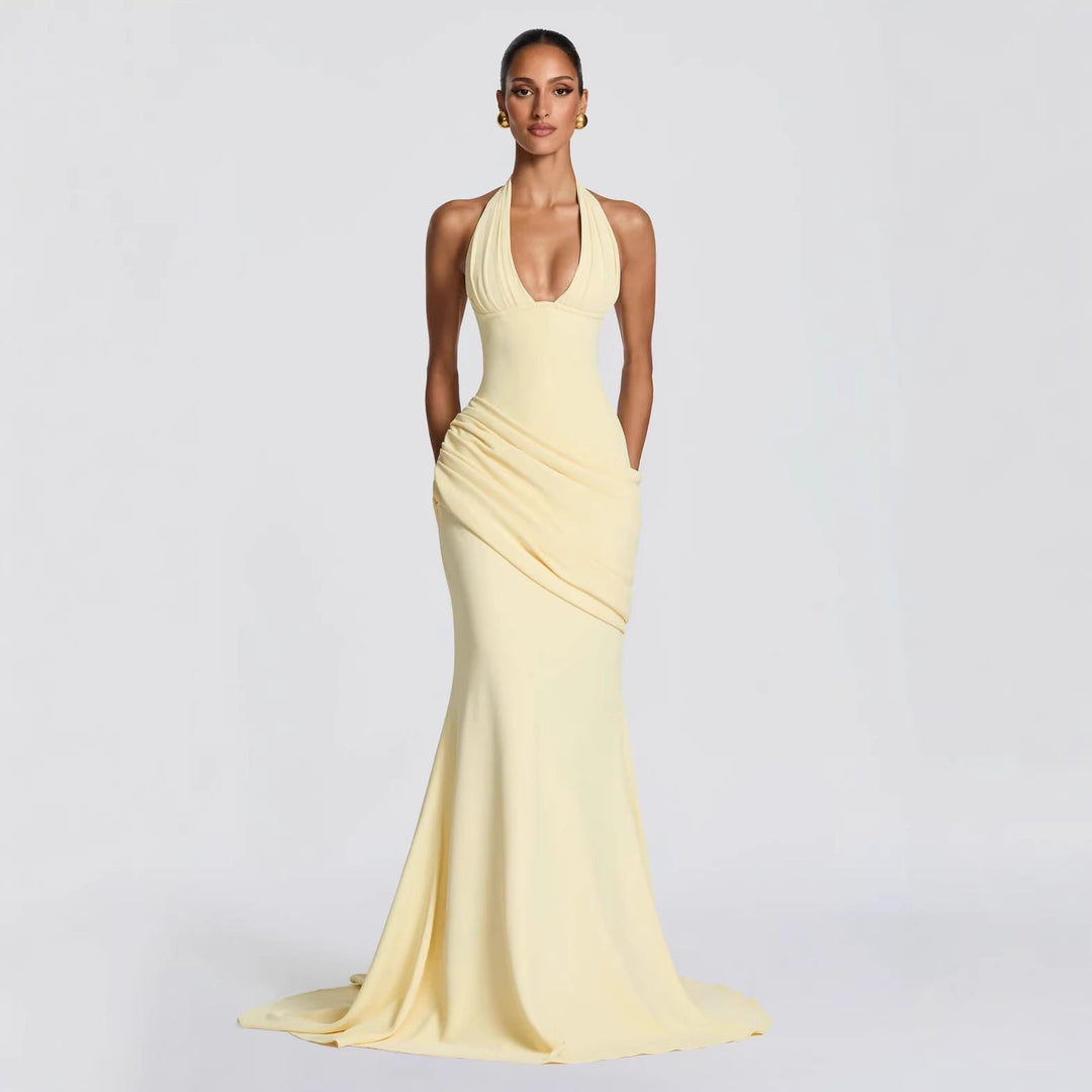 Erin maxi dress with an open back, a back tie for a fitted waist, and a pleated design
