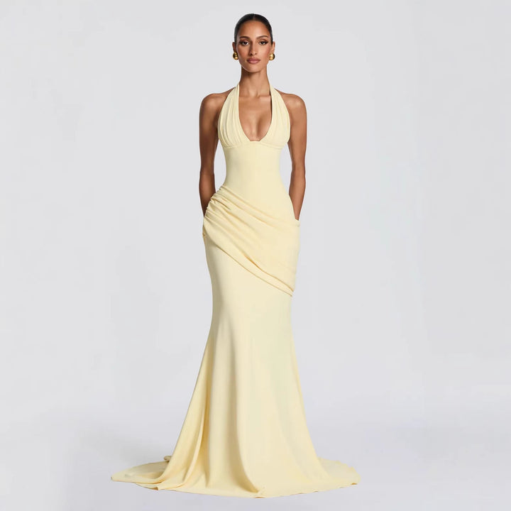 Erin maxi dress with an open back, a back tie for a fitted waist, and a pleated design