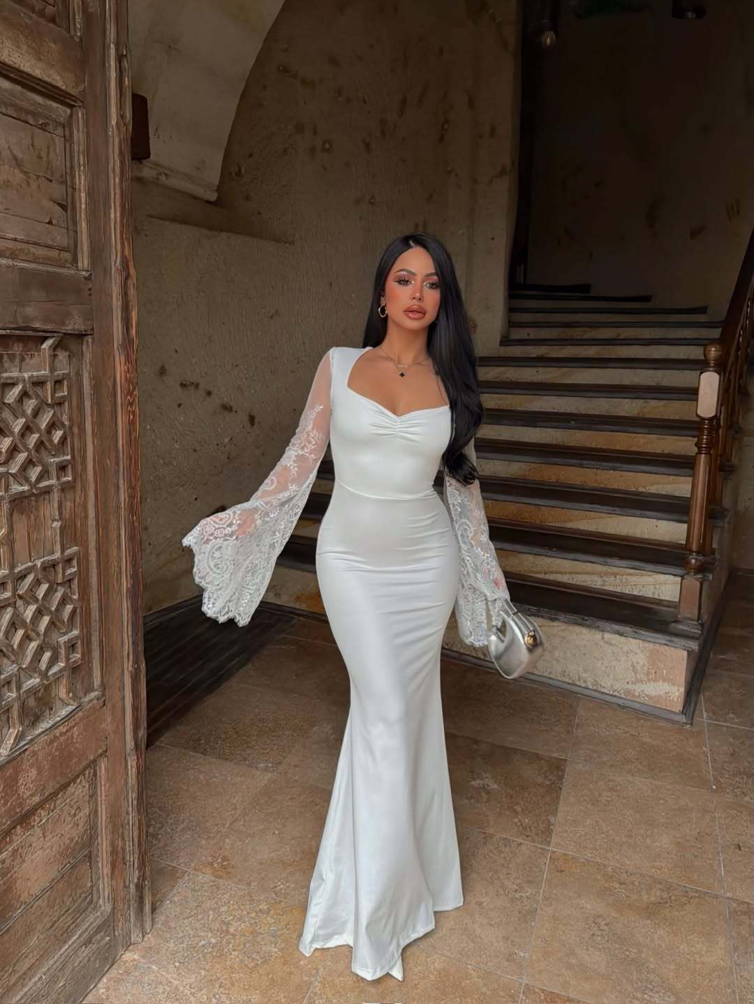 Amara maxi dress in shaping fabric with lace bell sleeves