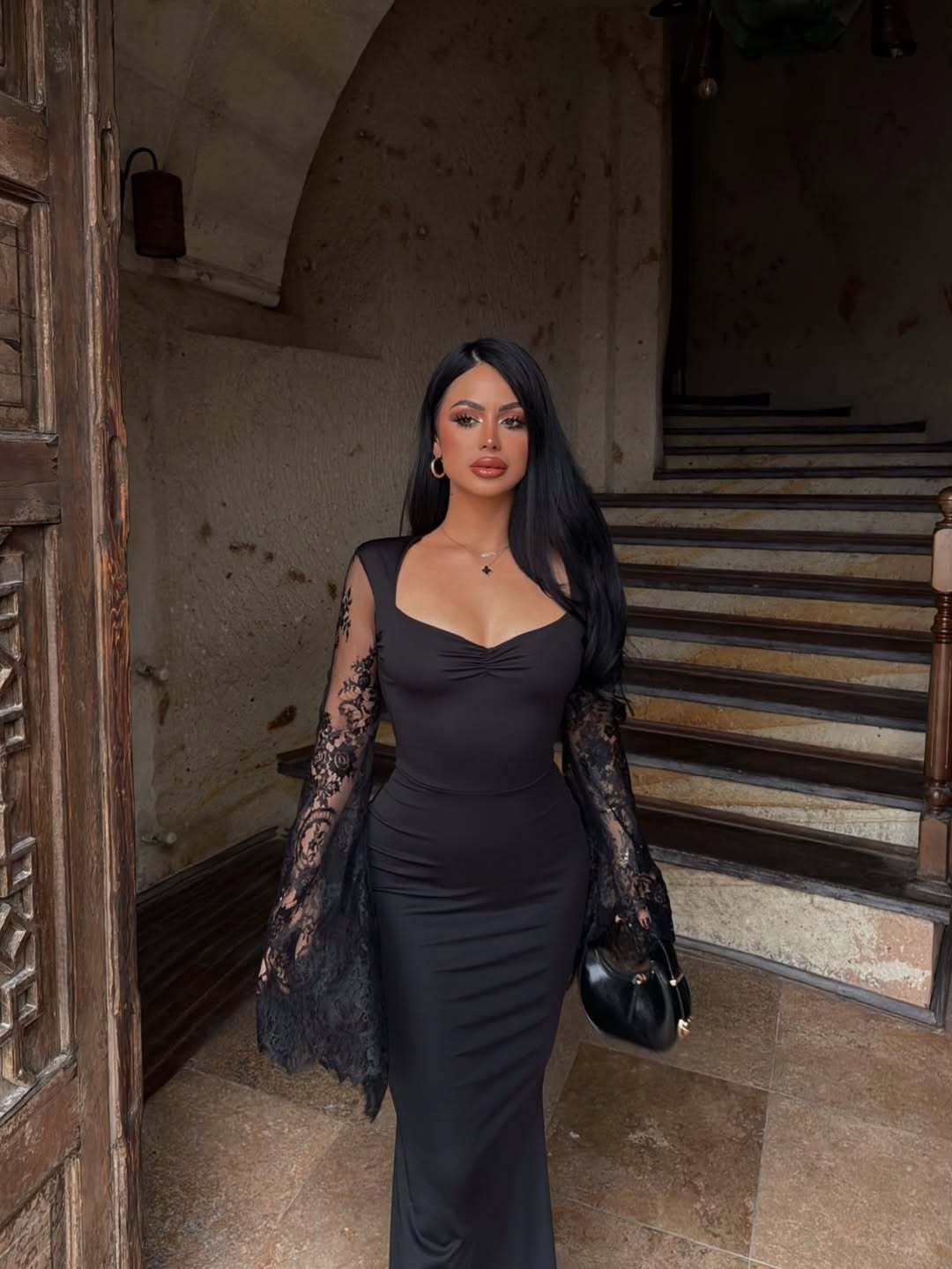 Amara maxi dress in shaping fabric with lace bell sleeves