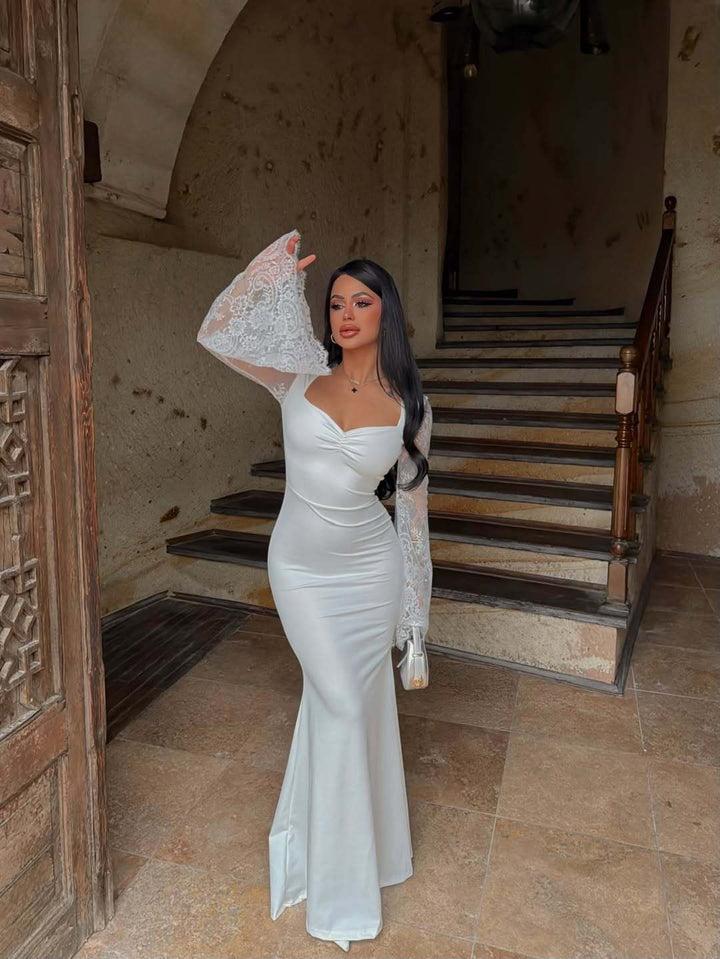 Amara maxi dress in shaping fabric with lace bell sleeves