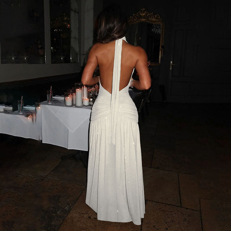 שמלת מקסי נצנצים בעיצוב שסע מחשוף V עמוק גב חשוף קשירה בצוואר - Emery