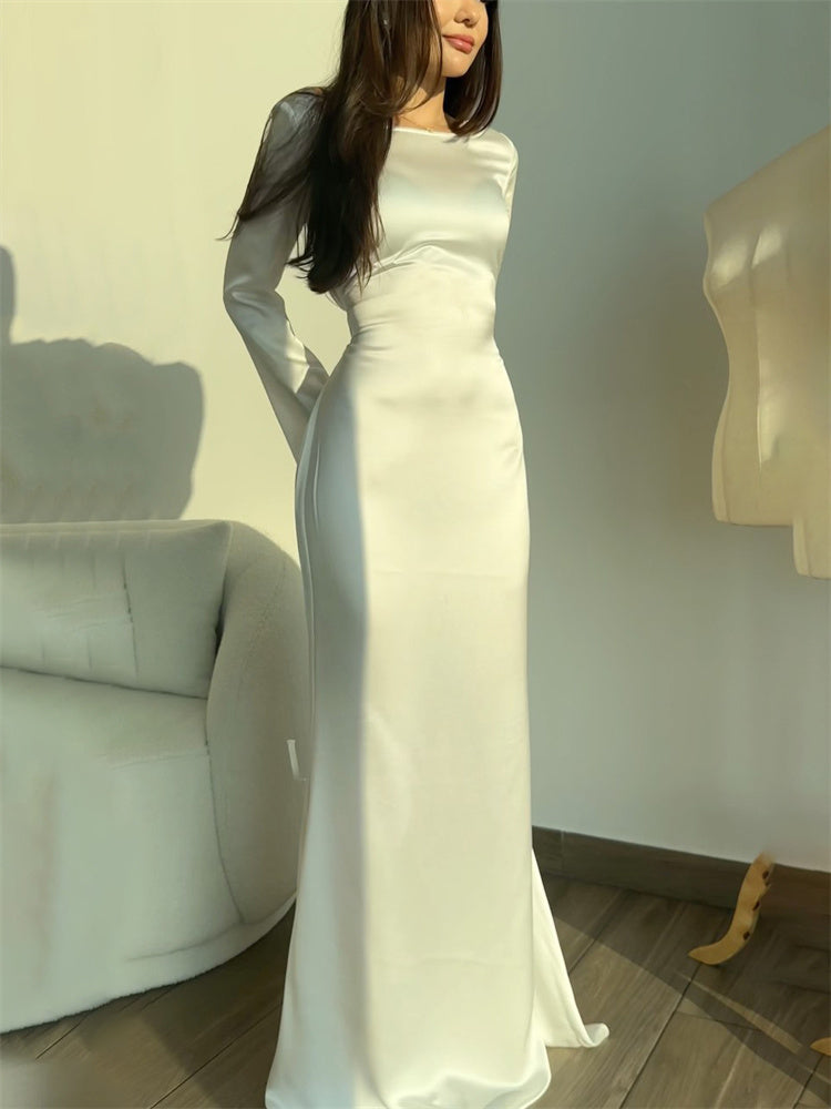 שמלת מקסי סאטן קשירה בגב להצמדה במותן - אודל