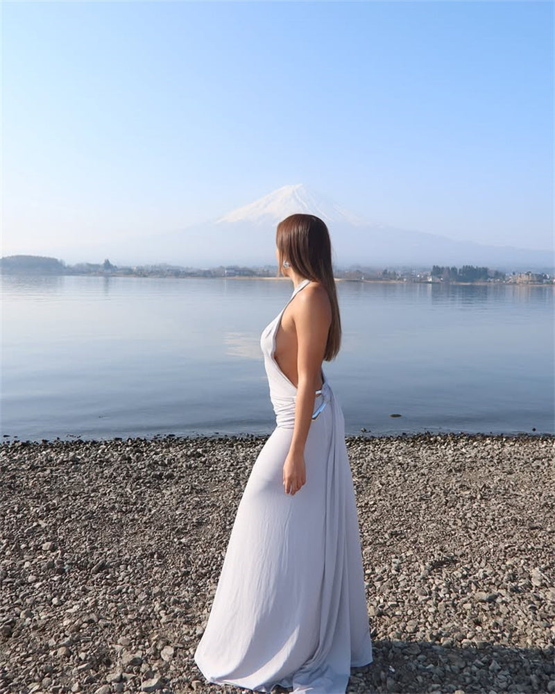 שמלת מקסי כתפיה אחת גב פתוח בעיטור כיווצים ואבזם - גוון