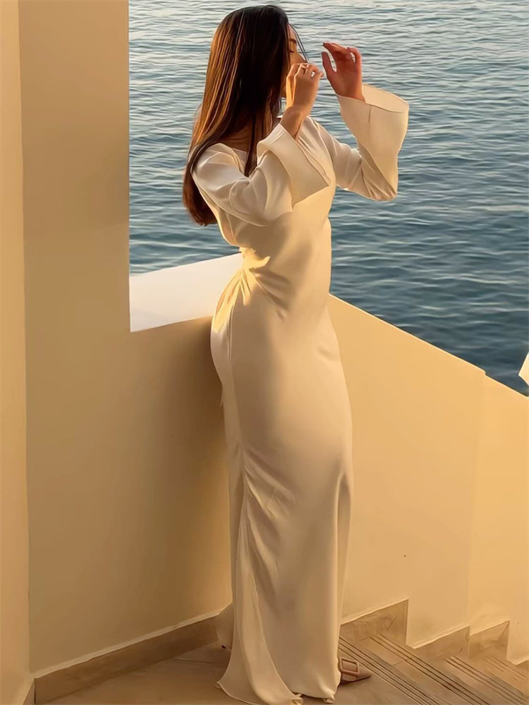 שמלת מקסי סאטן קשירה בגב להצמדה במותן - אודל