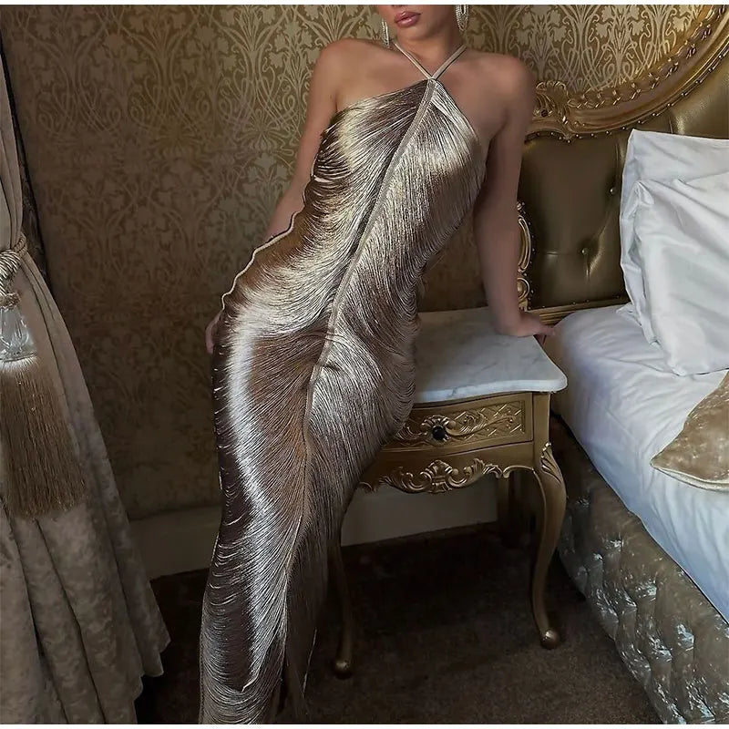 שמלת מקסי חוטים מבריקים גב פתוח - Ashley