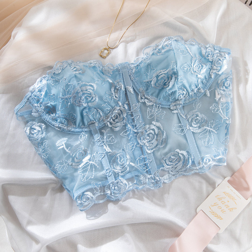 טופ סטרפלס רשת בעיטור רקמת פרחים - נויה לי