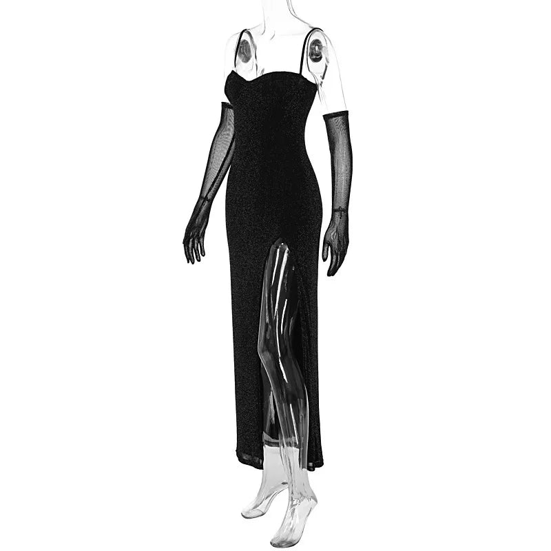 שמלת מקסי נצנצים בעיצוב שסע בעיטור כפפות - Daphne